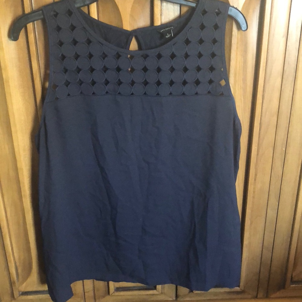 Ann Taylor Mixed Media Circle Detail Navy Tank